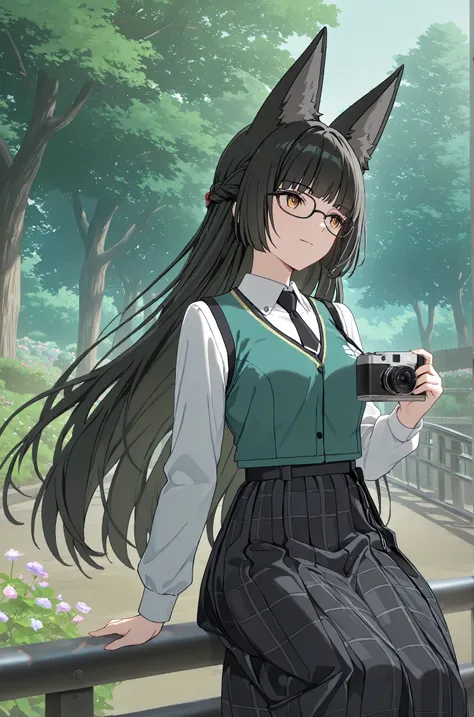1 girl, solo, hoshimi Miyabi, masterpiece, best quality, highres, absurdres, very awa, holding a camera, sitting on railings, trees, flowers, spring, sunshine, looking away, vest, checkered skirt, pleated skirt, shirt, glasses, slight smile, tilt head,
,An...