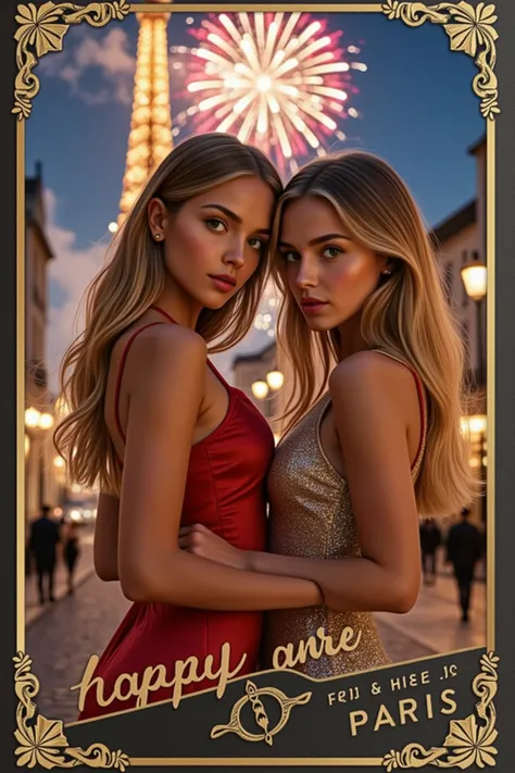 female,athletic girl,Olivia, Jenna,Teen,
💋 : Two glamorous girlfriends toast with champagne glasses — captured in the magical light of the Parisian New Year's Eve fireworks behind the sparkling Eiffel Tower, as a seductive vintage postcard.

🌟 : nostalgic postcard style with a modern twist, warm shades of gold and deep nightsky blue, slight grain effect, 8K, Cinematic-Contrast, dazzling firework lights against icy shades of blue, ultra-detailed snow crystals and steam effects

🌌 : The Eiffel Tower in silhouette, surrounded by exploding firework blossoms in pink, gold and blue — the lights are reflected in the Seine, snowy waterfront with blurry groups of people

😈 :

    Links: A seductive brunette, Eiza, in red silk dress with spaghetti straps, fur stole loosely around elbows

 Right: Her blonde girlfriend, Polina, in sparkling gold sequined dress, the cleavage with sparkling necklace accentuates

🔥 : The women stand back to back, turn gracefully to toast — her glasses meet exactly as that Fireworks explode behind them. The lower post office Card edge shows in ornate gold lettering:
"Bonne Année • Paris en Fête"

[Postkarten-Details: Slight yellow tint like old paper, gold-embossed Art Nouveau frame, winzige "Carte Postale"lettering in the right corner]