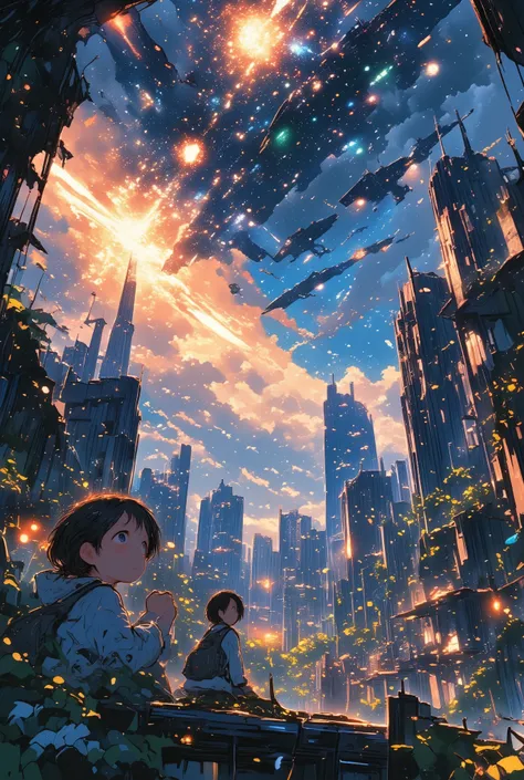 The fierce battle of two fleets of spaceships in the atmosphere looks like a beautiful fireworks display for children hiding in the overgrown ruins of a megalopolis