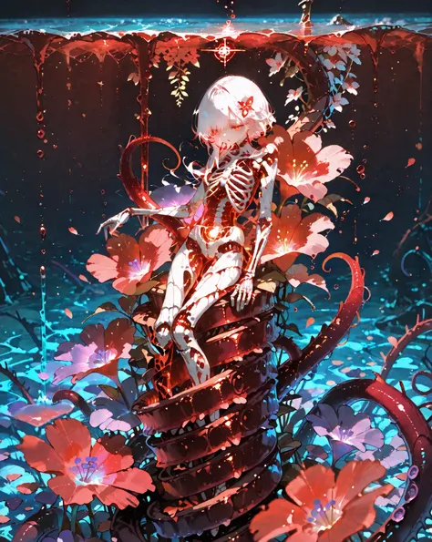 masterpiece, cinematic lighting, depth of field, There is_AI123Style /hair.s†

On a quiet ocean, a colossal flower-lihaire entity blooms—its fleshy, translucent petals open with eerie elegance. from its shining center, violet and crimson light drifts outsi...