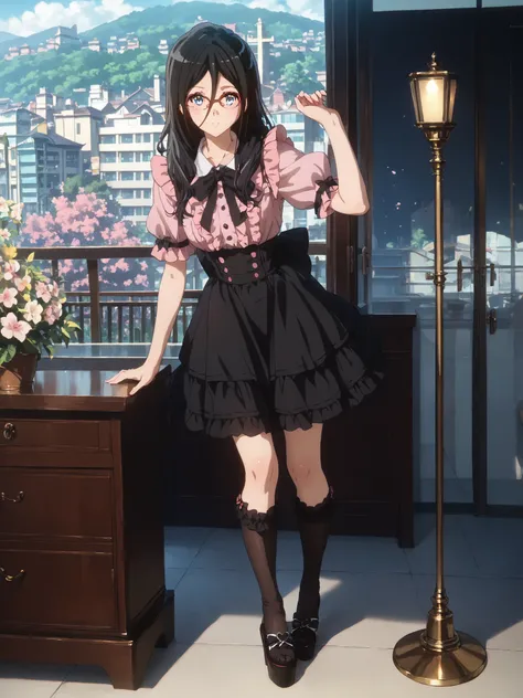 ((inspired by Asuka Tanaka:1.2)),(inspired by Kyoto Animation Style),(masterpiece, best quality),beautiful, beautiful-woman, ((detailed face)).(full body:1.3).,
((black hair)), glasses, blue eyes, long hair, over-rim eye-wear,cowboy shot, semi-rimless eye...