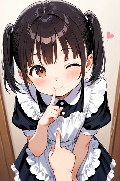 masterpiece, Highest Quality, dark haired, Twin Tails, elementary school student, maid clothes, wink with your finger, Frilled Apron, cute, adorable, , high resolution, Super Detailed