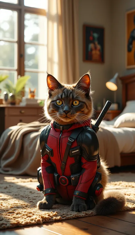 A hyper-realistic, ultra-HD image of an irresistibly cute, fluffy cat dressed in a perfectly tailored Deadpool suit — deep crimson red and matte black panels with crisp white eye patches, detailed leather textures, precise stitching, and a snug fit adapted...