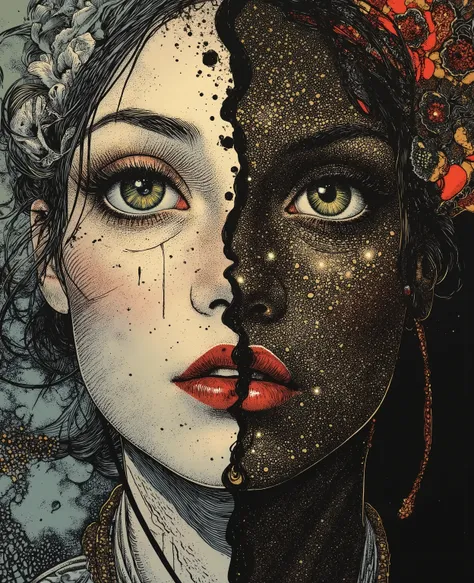 Oil on canvas, (is looking in the mirror outside the mirror of the old woman's face and in the mirror of the young woman's face), close-ups, showing the relentlessness of the years and the changes, but every woman will only remember her younger self, black...