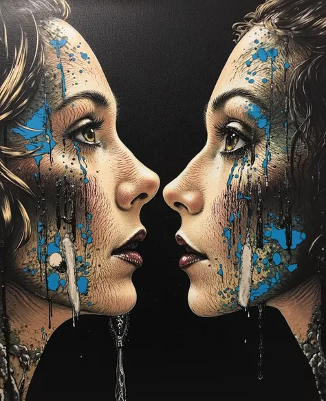 Oil on canvas, (is looking in the mirror outside the mirror of the old woman's face and in the mirror of the young woman's face), close-ups, showing the relentlessness of the years and the changes, but every woman will only remember her younger self, black...