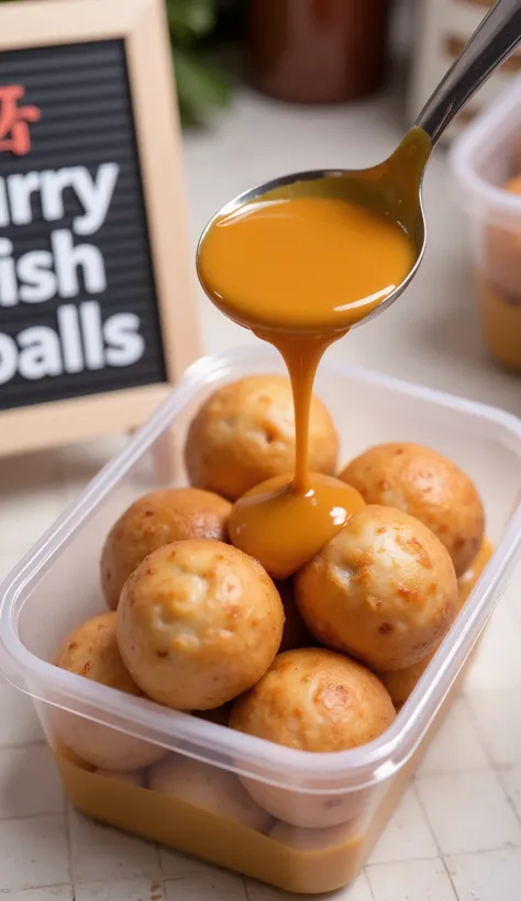 close up shot of rectangle transparent plasticware with fried fishballs inside, a ladle of curry sauce pouring from above into the container, beside a small signboard written "curry fishballs"
