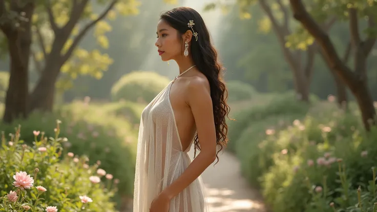 Une femme de 19 ans nue, dans un jardin, atmosphère divine , large breast, transparent:0.1 shift dress, half body thigh level medium:1.6 shot. mid-ground:1.8 portrait