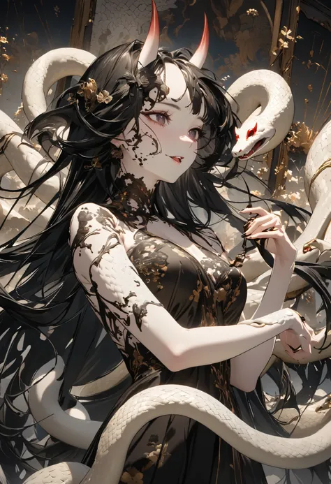 幻想的な風景に囲まれた喜びに満ちた女神の肖像画。彼女の体は流れるようなホワイトチョコレートと優雅な白い蛇に優雅に包まれている, 彼女は魅惑的なポーズで立ち、とろけるチョコレートを味わいながら、表情はエクスタシーに満ちています。, このシーンは日本の伝統的な春のイメージの美学を取り入れ、幻想的で夢のようなタッチを強調しています。, 水墨画のスタイルは、チョコレートの豊かなダークトーンとヘビの繊細で柔らかい白を際立たせています。, 背景にはフラクタルパターンが奥行きと別世界の雰囲気を加え、女神の優美な美しさを高...