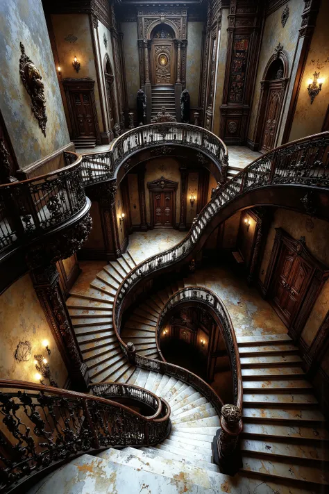 Ultra-realistic, photo-realistic, Architectural nightmare escalated: Victorian mansion dominated by infinite labyrinths of staircases - grand marble stairs spiral upwards and divide out into a spiderweb of staircases going in every direction. Each stairw...
