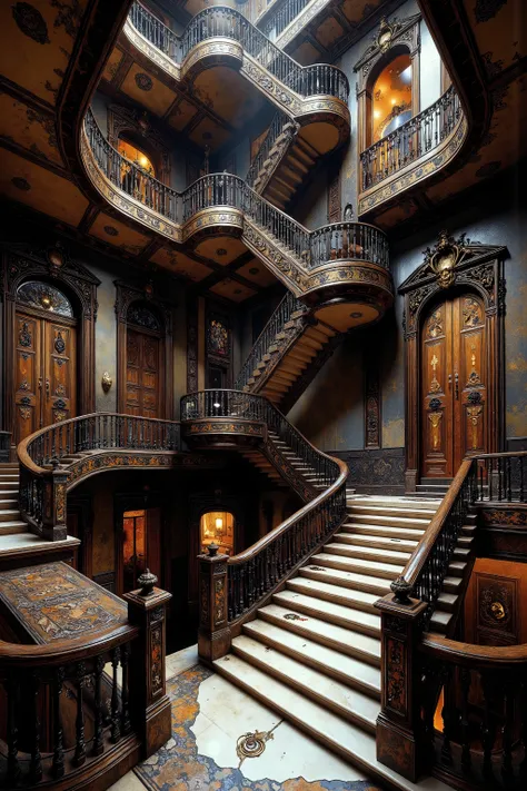 Ultra-realistic, photo-realistic, Architectural nightmare escalated: Victorian mansion dominated by infinite labyrinths of staircases - grand marble stairs spiral upwards and divide out into a spiderweb of staircases going in every direction. Each stairw...