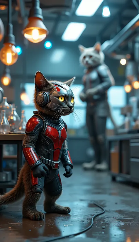 A hyper-realistic, ultra-HD image of an adorable cat wearing a perfectly tailored Ant-Man suit — sleek metallic red, silver, and black armor with precise segmented panels, glowing helmet lenses, tiny mechanical details, and a snug fit adapted for feline an...