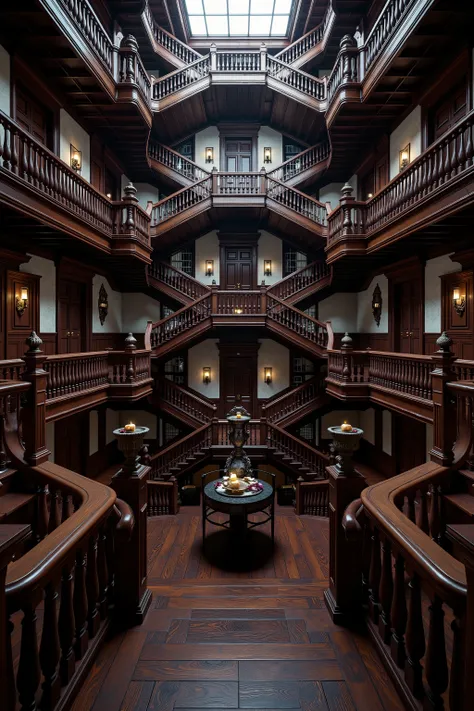 Ultra-realistic, photo-realistic, Architectural wonder escalated: Victorian mansion dominated by infinite labyrinths of staircases - grand dark stained mahogany stairs spiral upwards and divide out into a spiderweb of stairwells going in every direction....