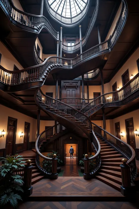 Ultra-realistic, photo-realistic, Architectural wonder escalated: Victorian mansion dominated by infinite labyrinths of staircases - grand dark stained mahogany stairs spiral upwards and divide out into a spiderweb of stairwells going in every direction....