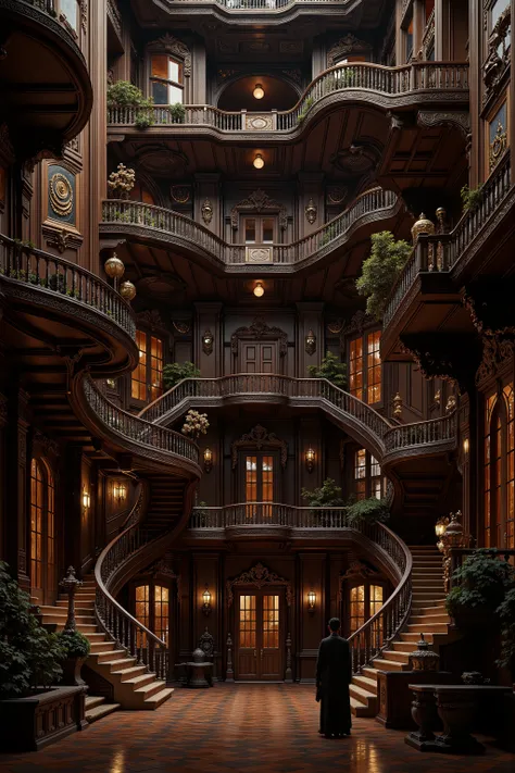 Ultra-realistic, photo-realistic, Architectural wonder escalated: Victorian mansion dominated by infinite labyrinths of staircases - grand dark stained mahogany stairs spiral upwards and divide out into a spiderweb of stairwells going in every direction....