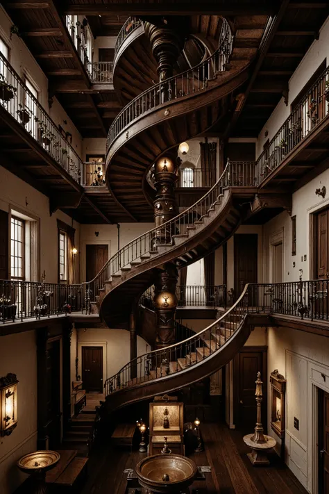 Ultra-realistic, photo-realistic, An Architectural wonder escalated: Victorian mansion dominated by infinite labyrinths of staircases - grand dark stained mahogany stairs spiral upwards and divide out into a spiderweb of stairwells going in every directio...