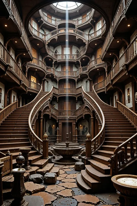 Ultra-realistic, photo-realistic, An Architectural wonder escalated: Victorian mansion dominated by infinite labyrinths of staircases - grand dark stained mahogany stairs spiral upwards and divide out into a spiderweb of stairwells going in every directio...