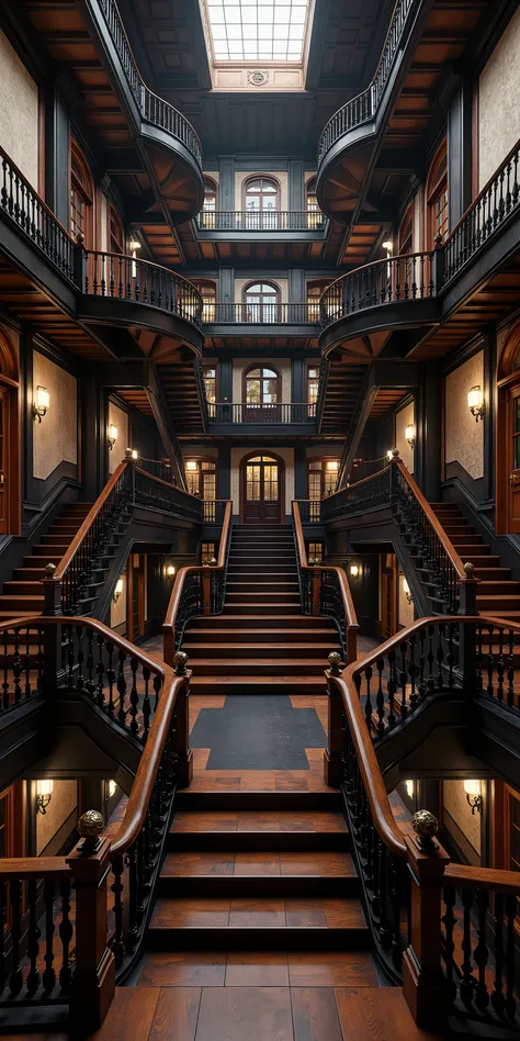Ultra-realistic, photo-realistic, An Architectural wonder escalated: Victorian mansion dominated by infinite labyrinths of staircases - grand dark stained mahogany stairs spiral upwards and divide out into a spiderweb of stairwells going in every directio...