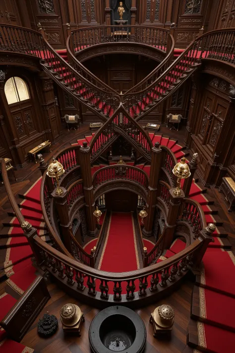 Ultra-realistic, photo-realistic, ultra-detailed. Architectural wonder escalated: Victorian mansion dominated by infinite labyrinths of staircases - one main spiraling staircase goes around 17 times providing a spiral from the top floor to the bottom flo...