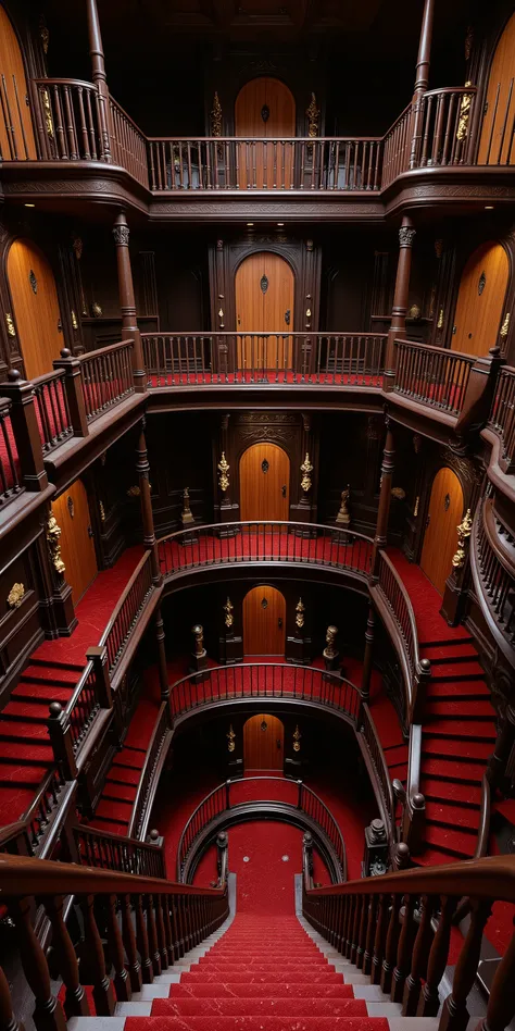 Ultra-realistic, photo-realistic, ultra-detailed. Architectural wonder escalated: Victorian mansion dominated by infinite labyrinths of staircases - one main spiraling staircase goes around 17 times providing a spiral from the top floor to the bottom flo...