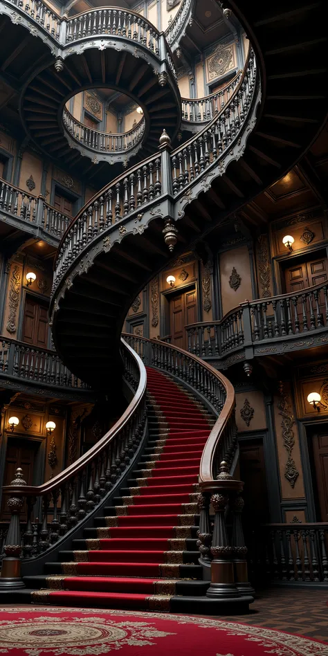 Ultra-realistic, photo-realistic, ultra-detailed. Architectural wonder escalated: Victorian mansion dominated by infinite labyrinths of staircases - one main spiraling staircase goes around 17 times providing a spiral from the top floor to the bottom flo...