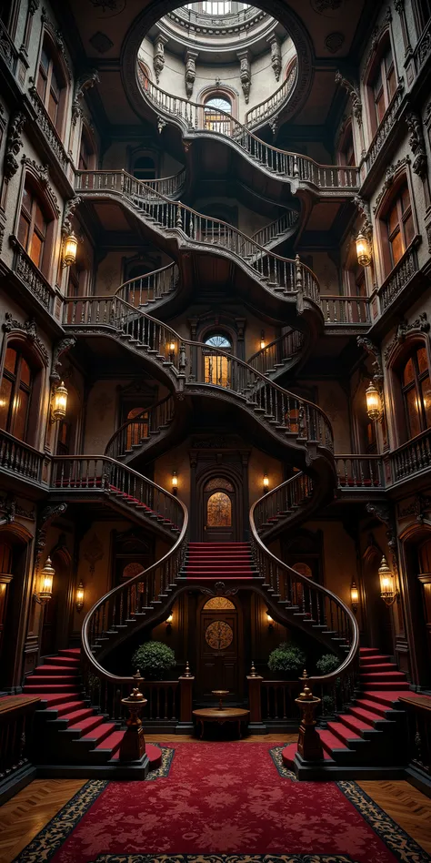 Ultra-realistic, photo-realistic, ultra-detailed. Architectural wonder escalated: Victorian mansion dominated by infinite labyrinths of staircases - one main spiraling staircase goes around 17 times providing a spiral from the top floor to the bottom flo...