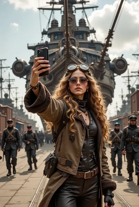 On the poster of a steampunk-style adventure fantasy film, a beautiful young woman is taking a selfie in front of her large futuristic ship, surrounded by sailors in tactical gear, followed by huge rusty ships. She has round retro glasses on her long curly...