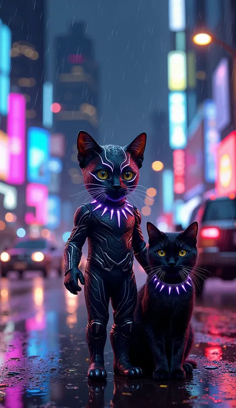 A hyper-realistic, ultra-HD image of an adorable cat wearing a perfectly tailored Black Panther suit — sleek matte black armor with silver tribal patterns, intricate Wakandan-inspired details, and glowing violet energy lines along the suit’s contours. The ...