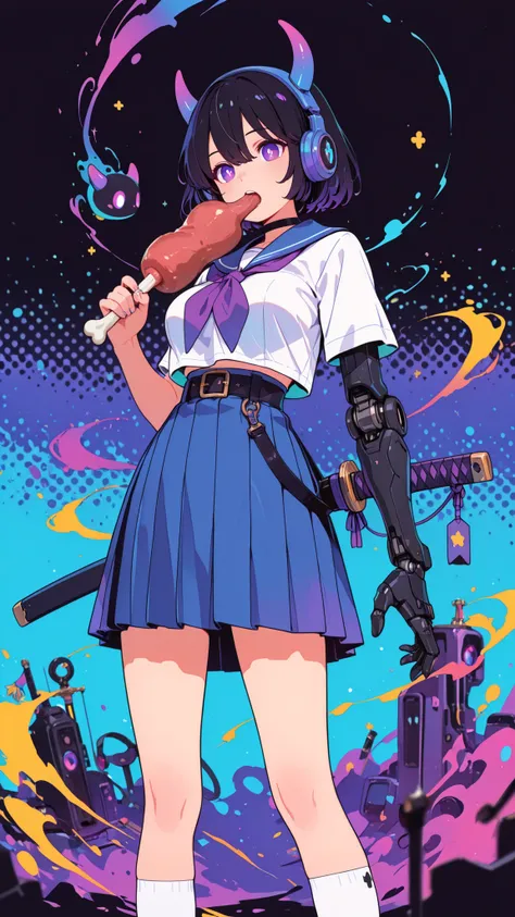 ((High Contrast, colorful, depth of field, chiaroscuro, masterpiece)),
1girl, belt, black_belt, black_choker, black_hair, black_shoes, blue_sailor_collar ,blue_skirt, breasts, bright_pupils ,choker ,closed_mouth ,crop_top,hair_between_eyes ,hair_ornament ...