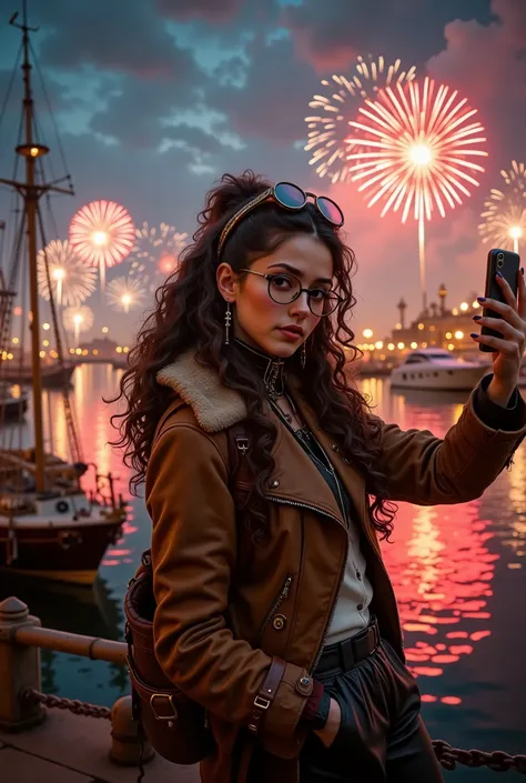 On the poster of a steampunk adventure fantasy film, a beautiful young woman takes a selfie against the night sky during a fireworks festival.A bright neon frame. Festive atmosphere, light show. She wears round retro glasses on her long curly hair, and is ...