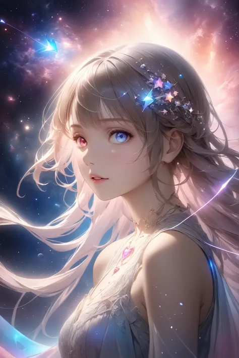 masterpiece, best quality, ultra high res, (photorealistic:1.4), heart, glowing, arrow, pierced, cosmic, starry background, magical, ethereal, soft lighting, detailed textures
