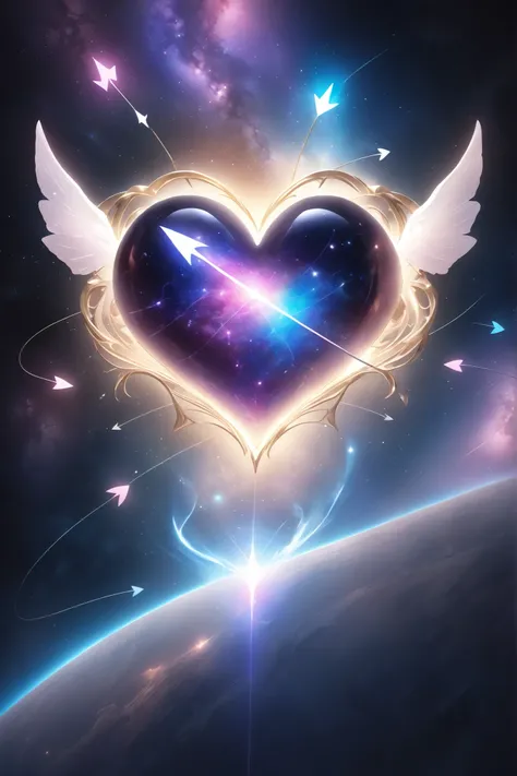 masterpiece, best quality, ultra high res, (photorealistic:1.4), heart, glowing, arrow, pierced, cosmic, starry background, magical, ethereal, soft lighting, detailed textures