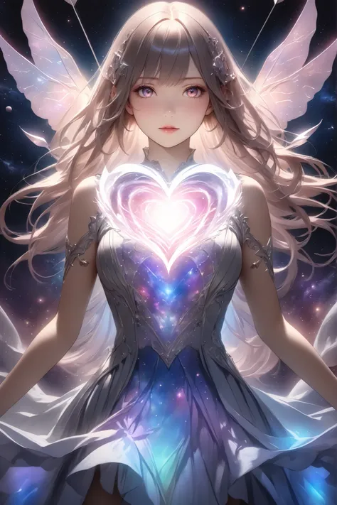 masterpiece, best quality, ultra high res, (photorealistic:1.4), heart, glowing, arrow, pierced, cosmic, starry background, magical, ethereal, soft lighting, detailed textures, Persistent Feelings
