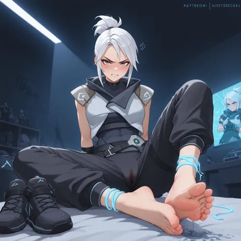  , Bodysuit, kurze Jacke, Kapuzenjacke, fingerless gloves, looks at the observer
masterpiece, best quality, feet,  showing stinky Schuhe to viewer as she sadistically burps, 1 girl, (Valorand Jett), she is tied and fixated with several latex straps, wird g...