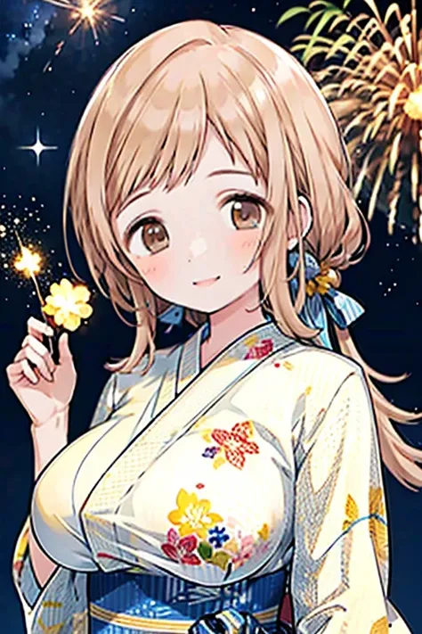  sakuragi mano, ((big boobs)), Absolute Realm , Smile, fluffy, (Healing), medium hair, top quality, masterpiece, blush, , Light Brown Hair, 　hairstyle wrapped around the outside, (side bang : 1.28), (detailed eyes:1.3), (feature triple highlights in eyes:1.3), (light brown eyes:1.3), shiny eyes, wearing a floral yukata, (milky way:1.4) in the background, glowing starry sky,  fireworks, fireflies glowing around, best quality, masterpiece ,