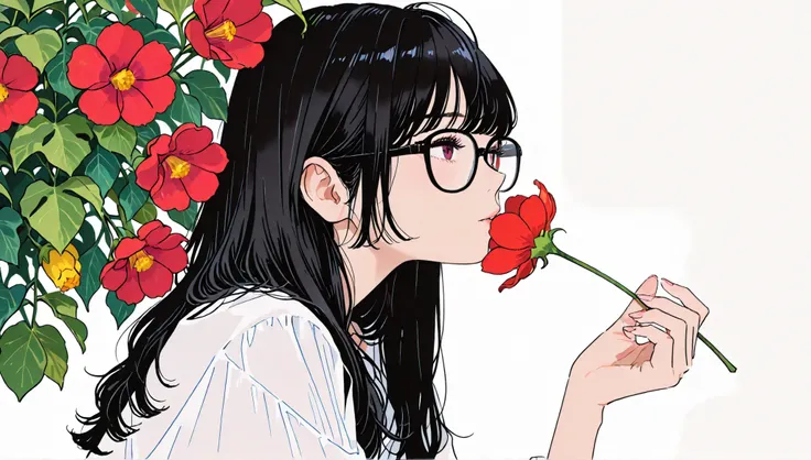(white monochromatic background))、((alone))、(close your eyes)),、((upper body)),((Holding 1 red flower in hand))),((hanging out)),,((black hair semi-long hairstyle with long bangs)),(((black-rimmed glasses))),masterpiece, Highest quality, Beautiful attentio...