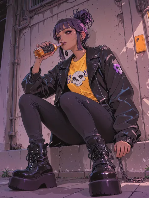 ((low angle)) A tall punk goth girl with dark skin and bold goth makeup. She has a purple mohawk hairstyle, wearing a black leather jacket with studs, chain accessories, and skull patches. Tight black jeans and chunky platform boots complete her outfit. Un...