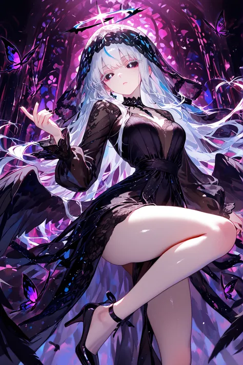 super detail, masterpiece, best quality, high resolution, 8k, ultra high anatomy, facial, only 1 girl, long ultramarine hair, black lace veil, ultramarine eyes, black sclera, black diamond shaped pupil, Pale skin with matching pale Cherry Pink eyelashes, H...