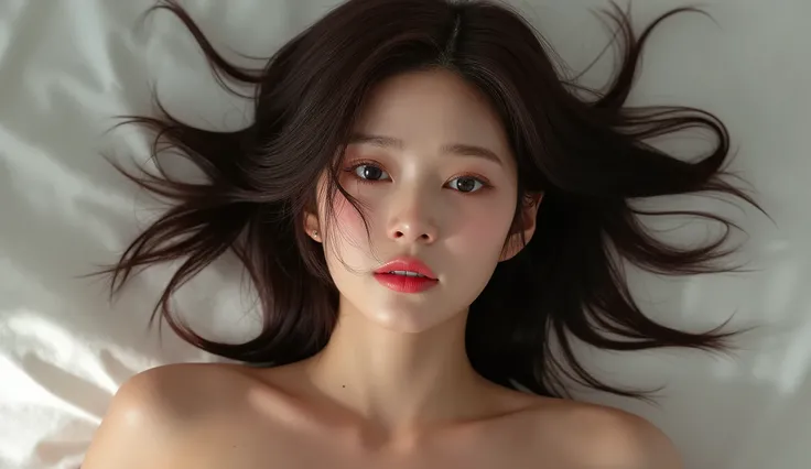 masterpiece best quality (Wallpapers 8K Very High Detail) (best illustration) (The best shadow) Realistic light, high definition, very realistic, beautiful 30 year old Asian woman lying naked, showing her breasts, she was shot in the forehead, a bullet wou...