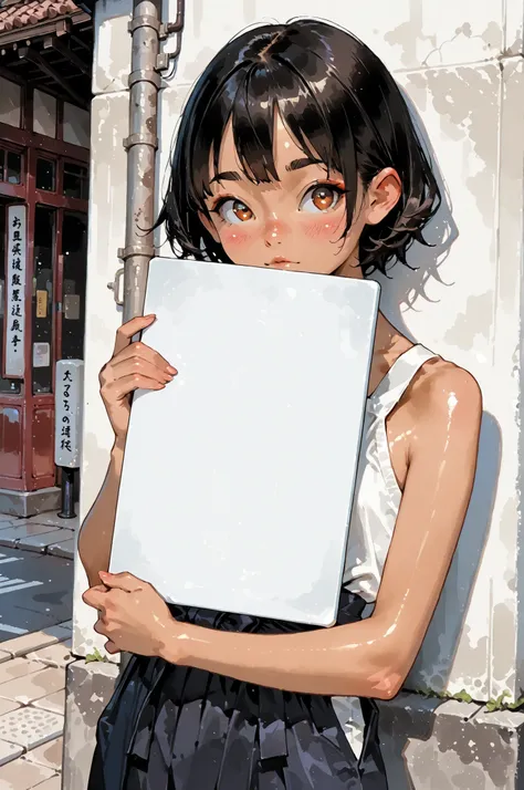((A girl holding a white board on an Asian street corner)),
1girl,Super Detailed,absolute resolution,(dynamic angles),(tanned skin:0.3),Japanese girl,(portrait),(pinup),cowboy shot,
holding a large blank message board,
,
detailed and beautiful face and eye...