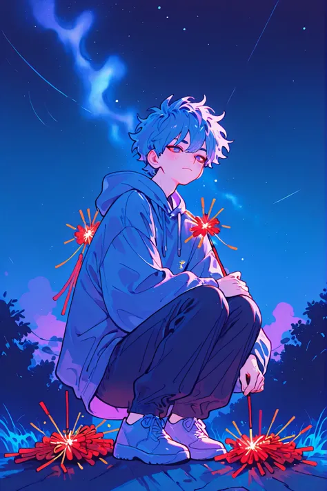 원펀맨 Garou illustration레이션을 기반으로 한 은발과 노란 눈, gay, Garou illustration, firecrackers, night sky,  Delicate Expression ,Soft and bright expression, Various Colors, full body, Long distance