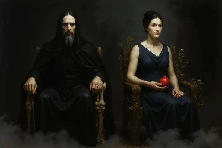 A realistic, cinematic scene in the shadowy hall of the underworld, showing Hades and Persephone seated on their thrones. Hades, thin and pale, wears a matte black tunic and a shiny black cloak; his long, straight black hair falls to his shoulders, and a g...