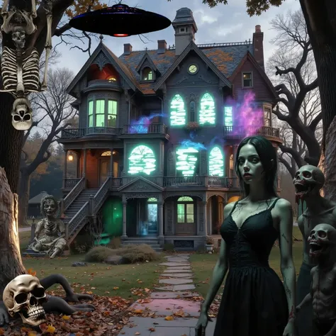 A gothic, Victorian-style mansion stands ominously in a wooded setting, surrounded by bare trees under a twilight sky. The house features multiple pointed gables, intricate wooden detailing, and glowing green windows that suggest an otherworldly presence w...
