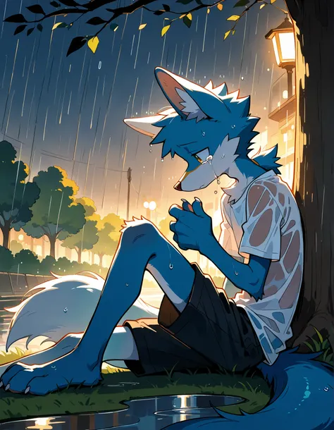 furry, (skinny body:1.3), male skinny fox, round eyes, casual clothes on, park, sitting under a tree, neck tuff, cute, wet clothes on, raining, crying tears coming down from the face, side view, claws, sad, shorts on, handsome, night, dark, perfect, detail...