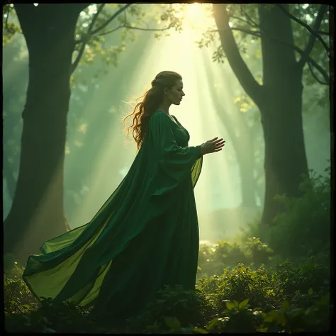 A cinematic film still from a fantasy epic, captured with breathtaking detail on v-raptor XL. A powerful druidess stands at the heart of an enchanted forest, her robes fluttering in the gentle breeze, a symphony of greens and earthy tones that blend seamle...