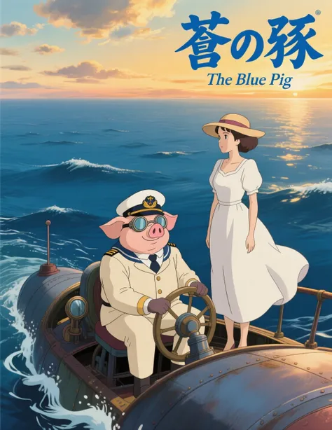 Studio Ghibli style anime movie poster, homage composition to Porco Rosso official poster, title text “蒼の豚” in large bold elegant Japanese blue font at the top right, smaller English title “The Blue Pig” placed below in elegant serif font, anthropomorphic pig with round goggles and a naval officer’s cap, wearing a vintage cream naval uniform, sitting in the conning tower of a classic diesel submarine partially above the water, elegant woman in a flowing white dress and wide-brim hat standing beside him, calm deep blue ocean with gentle waves, warm sunset sky with scattered clouds, golden hour cinematic lighting, highly detailed hand-painted anime background, masterpiece, best quality