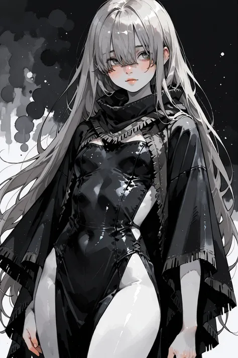 ((Black Theme)),sfw,
1girl,Super Detailed,absolute resolution, dynamic angle,(tanned skin:0.3),portrait,((pinup)),cowboy shot,
poncho,
,
detailed and beautiful face and eyes,light gray hair, gray eyes,
very long hair,, hair over eyes, small breasts,,,
,(bl...