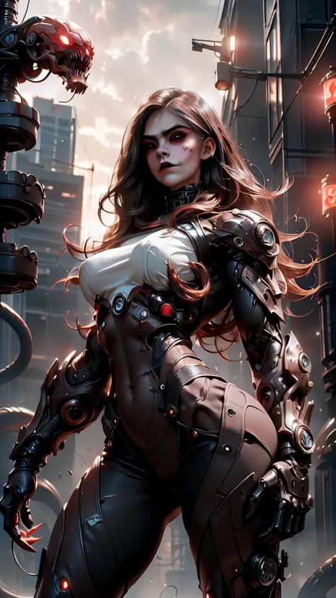 (beautiful girl:1.25), (Megan Fox:1.25), (girl, building muscle, wearing cyber muscle suit:1.25), (Medusa's head has a mustache:1.25), (Tall) physical muscle killing, Seductive Face, wide mouth, brutal killing style, red long hair, perfect shape, muscle, ...