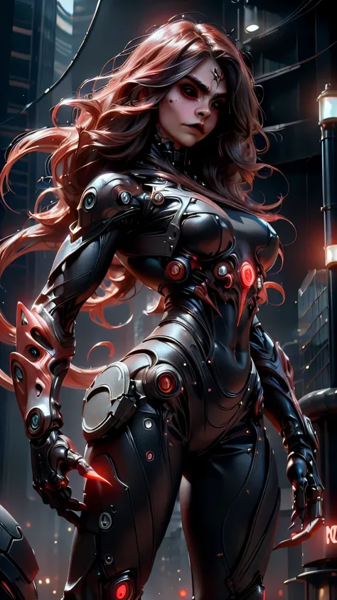 (beautiful girl:1.25), (Megan Fox:1.25), (girl, building muscle, wearing cyber muscle suit:1.25), (Medusa's head has a mustache:1.25), (Tall), physical muscle killing, Seductive Face, wide mouth, brutal killing style, red long hair, perfect shape, muscle, ...