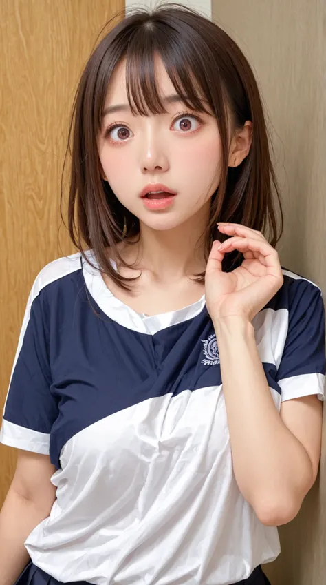 small 、Japanese Women, ((Expect the sensual expression of a big sized white Y-shirt,))、(curved body)、 の官能的な表現を期待してください、((surprised face to see))、please open your mouth lightly 、and I'm staring 、on the bed、 inspecting 、(pleated skirt on the indoor floor)...