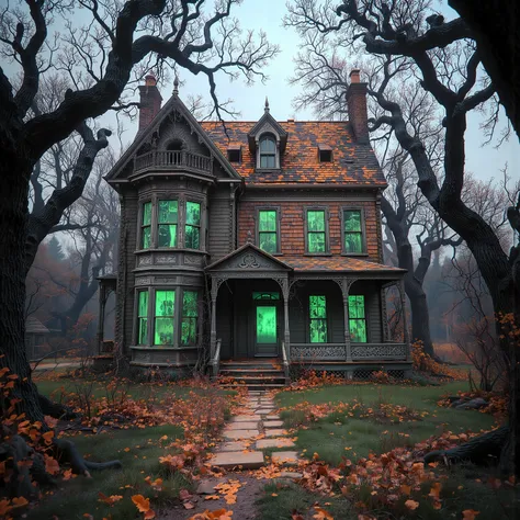 A dilapidated Victorian-style mansion stands desolate in an overgrown yard, its architecture hinting at a once grandiose past. The exterior of the house is weathered, with peeling paint and missing shingles, contributing to its eerie, abandoned aura. The m...